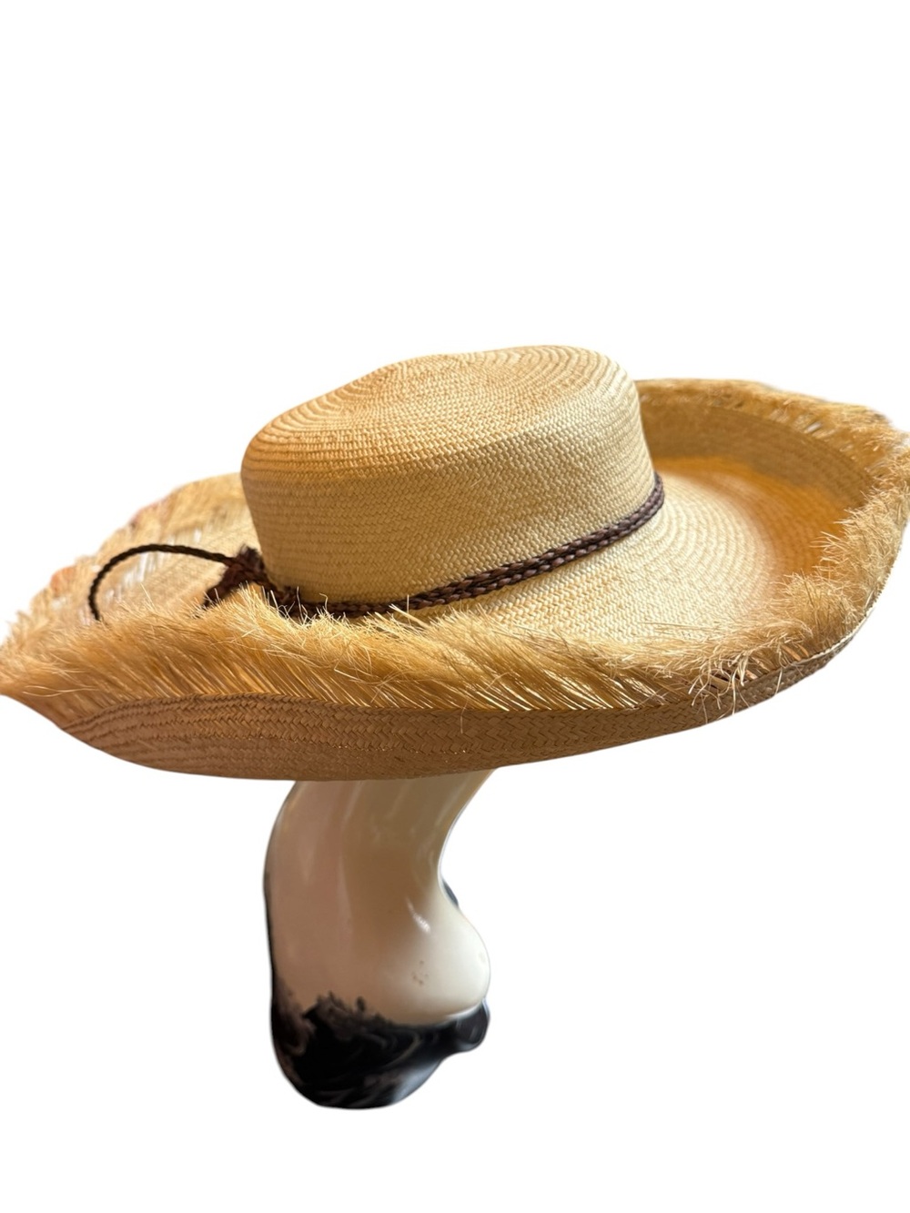 Helen Kaminski Natural Straw Sun Hat Frayed Brim Braided Band 16”